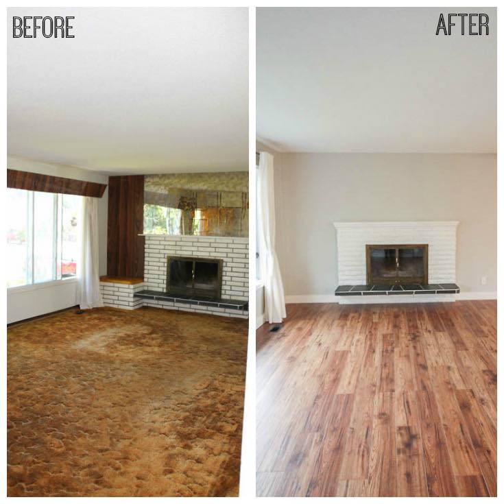 Before and after living room showing carpet replaced with wood flooring